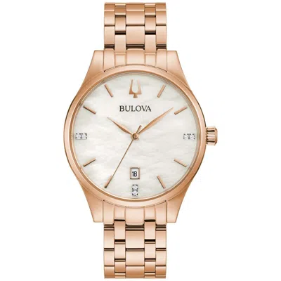 Pre-owned Bulova Women's Quartz Diamond Accent Date Display Gold-tone Watch 36mm 97p152