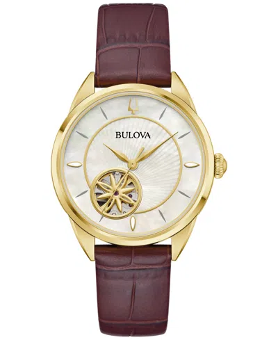BULOVA WOMEN'S SUTTON AUTOMATIC BROWN LEATHER STRAP WATCH 34.5MM