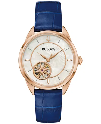 BULOVA WOMEN'S SUTTON AUTOMATIC NAVY BLUE LEATHER STRAP WATCH 34.5MM