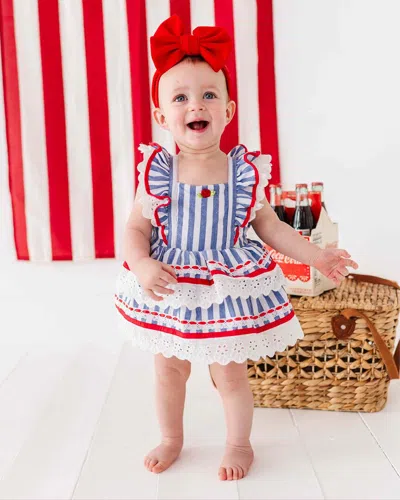 Bums & Roses Blue Stripe Tiered Ruffle Dress In White
