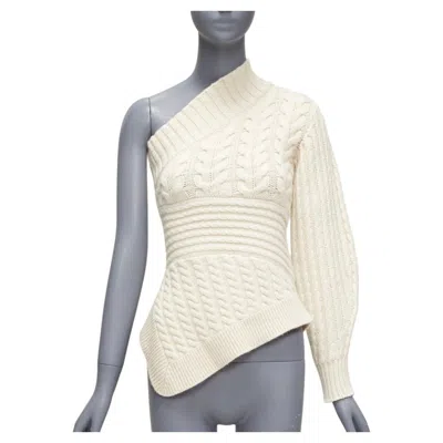 Pre-owned Burberry 100% Cashmere Cream One Shoulder Mixed Cable Knit Pullover Sweater Xs In White