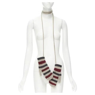 Pre-owned Burberry 100% Lambs Wool Red Black Beige Striped Mitten Glove On String