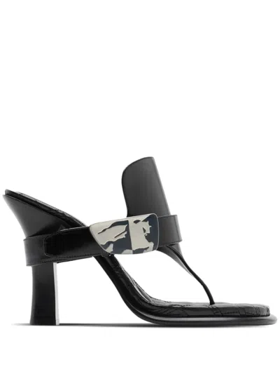 Burberry Black Leather Bay Heeled Sandals In Blue
