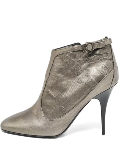 Pre-owned Burberry 110mm Buckle-detail Leather Booties In Gray