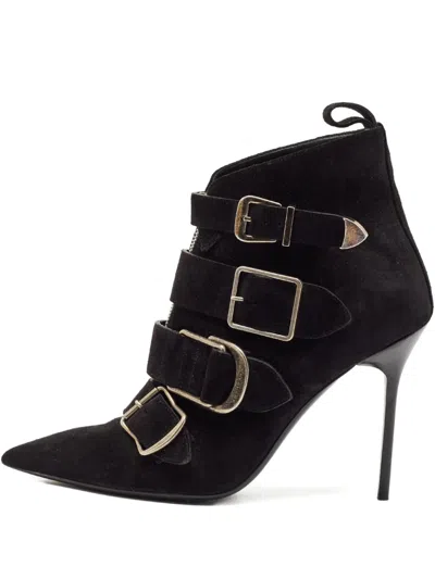 Pre-owned Burberry 115mm Suede Buckled Boots In Black
