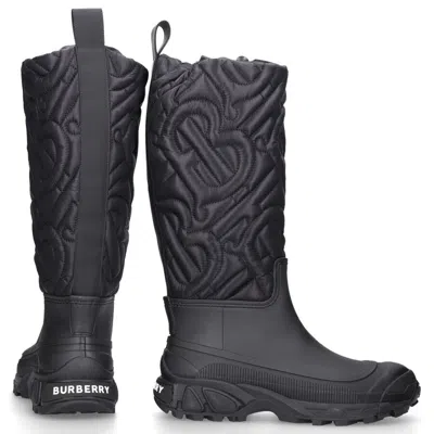 Pre-owned Burberry $1190  Rotherfield Black Rubber Tb Logo Quilted Snow Rain Boots 40