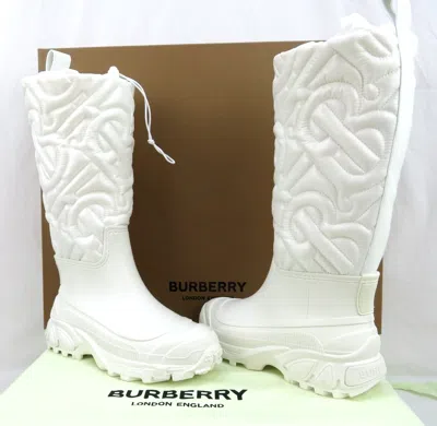 Pre-owned Burberry $1190  Rotherfield White Rubber Tb Logo Quilted Snow Rain Boots 40