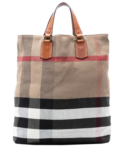 Pre-owned Burberry 2000-2007 Mega Check Canvas Tottenham Brit Satchel In Brown