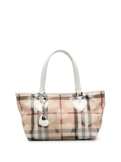 Pre-owned Burberry 2000-2010 House Check Coated Canvas Hearts Gracie Tote Bag In Brown