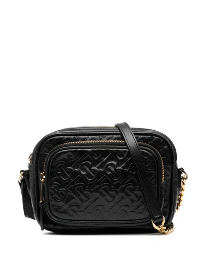 Pre-owned Burberry 2000-2017 Embossed Calfskin Tb Monogram Camera Chain Crossbody Bag In Black