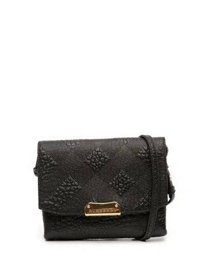 Pre-owned Burberry 2000-2017 Embossed Grain Check Leather Langley Crossbody Bag In Black