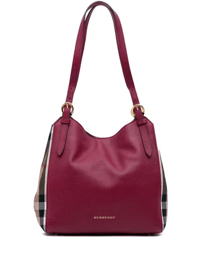 Pre-owned Burberry 2000-2017 Grained Calfskin And House Check Canvas Canterbury Tote Bag In Purple