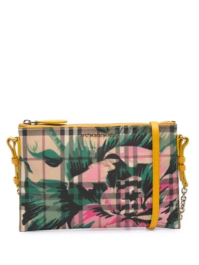 Pre-owned Burberry 2000-2017 Haymarket Check Coated Canvas Floral Print Crossbody Bag In Brown
