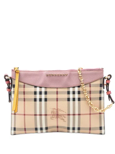 Pre-owned Burberry 2000-2017 Haymarket Check Coated Canvas Peyton Crossbody Bag In Brown
