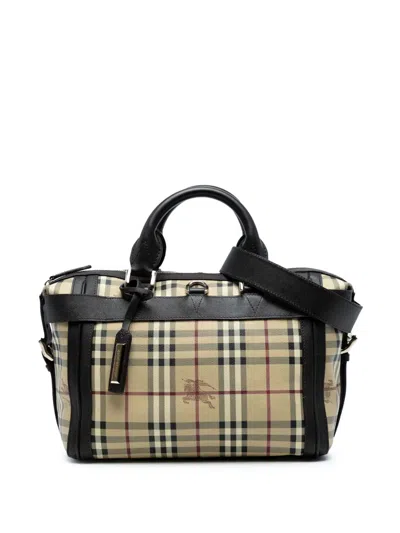 Pre-owned Burberry 2000-2017 Haymarket Check Coated Canvas Top Handle Bag Satchel In Brown