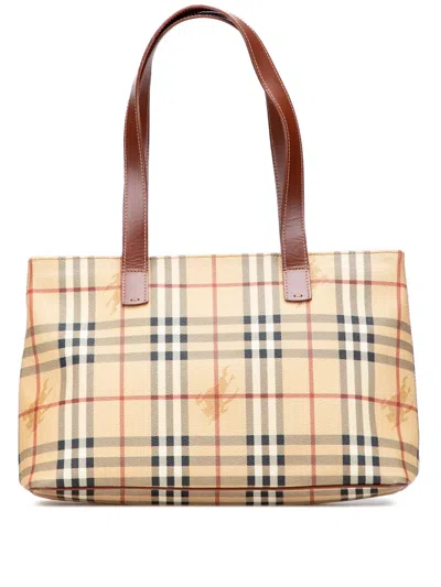 Pre-owned Burberry 2000-2017 Haymarket Check Coated Canvas Tote Bag In Brown
