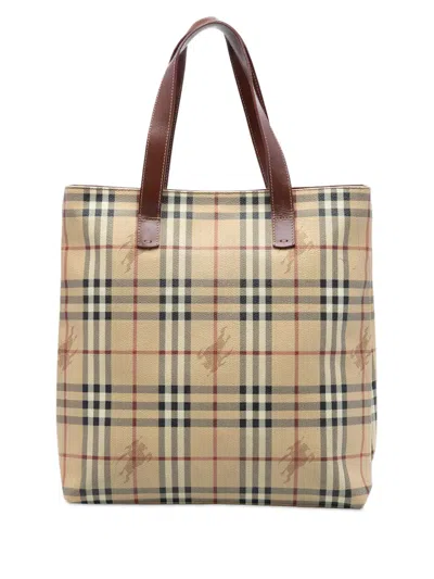 Pre-owned Burberry 2000-2017 Haymarket Check Coated Canvas Tote Bag In Brown