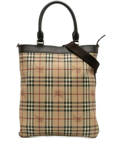 Pre-owned Burberry 2000-2017 Haymarket Check Coated Canvas Tote Satchel In Brown