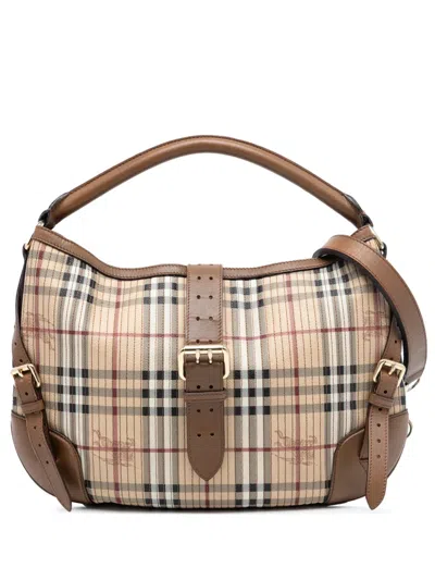 Pre-owned Burberry 2000-2017 Haymarket Check Stitched Coated Canvas And Leather Dunloe Satchel In Brown