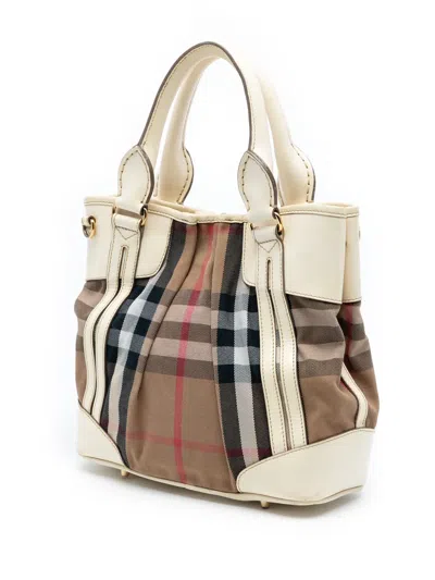 Pre-owned Burberry 2000-2017 House Check Canvas And Leather Bridle Whipstitch Satchel In Brown