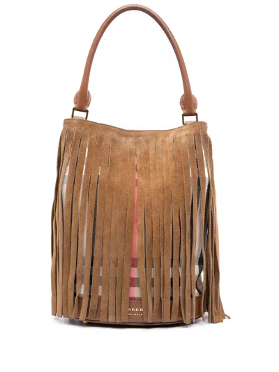 Pre-owned Burberry 2000-2017 House Check Canvas And Suede Fringe Bucket Bag