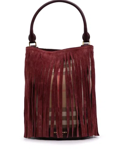 Pre-owned Burberry 2000-2017 House Check Canvas And Suede Fringe Bucket Bag In Red