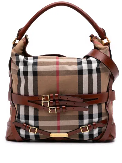 Pre-owned Burberry 2000-2017 House Check Canvas Gosford Bridle Satchel In Brown