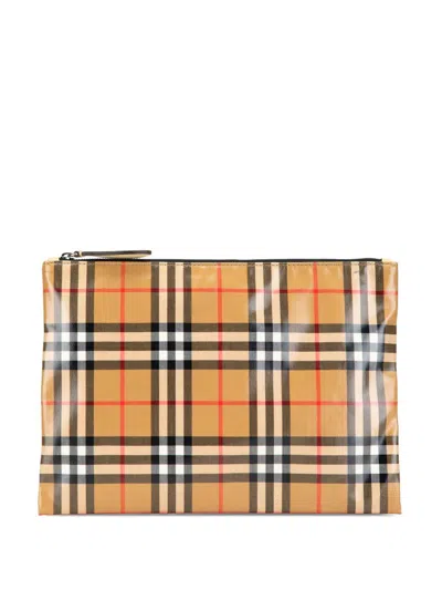 Pre-owned Burberry 2000-2017 House Check Coated Canvas Clutch Bag In Brown