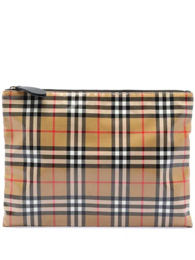 Pre-owned Burberry 2000-2017 House Check Coated Canvas Clutch Bag In Brown