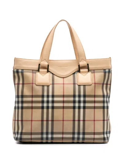 Pre-owned Burberry 2000-2017 House Check Coated Canvas Tote Bag In Brown