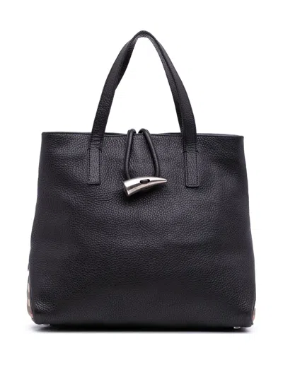 Pre-owned Burberry 2000-2017 House Check Trimmed Grainy Calfskin Horn Toggle Tote Bag In Black