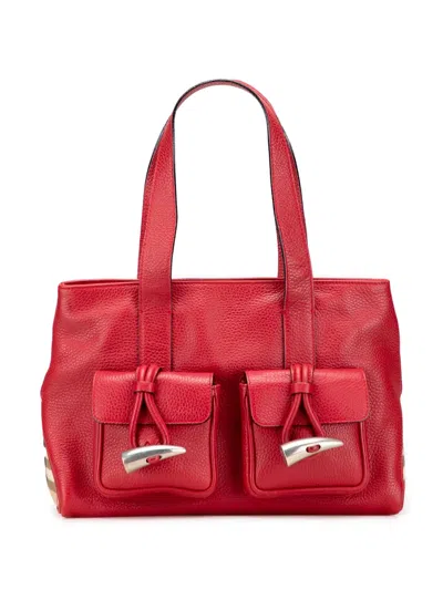 Pre-owned Burberry 2000-2017 House Check Trimmed Grainy Calfskin Horn Toggle Tote Bag In Red