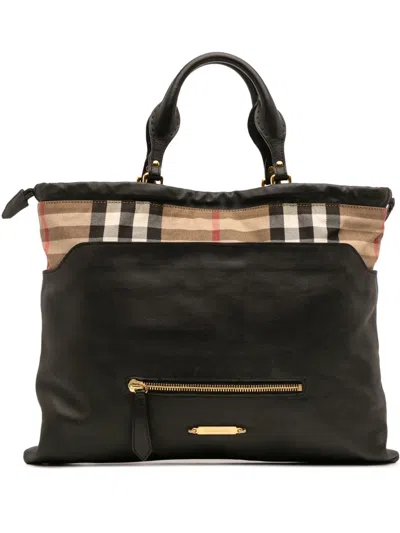 Pre-owned Burberry 2000-2017 House Check Trimmed Leather Big Crush Convertible Tote Satchel In Black