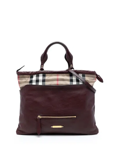 Pre-owned Burberry 2000-2017 House Check Trimmed Leather Big Crush Convertible Tote Satchel In Red
