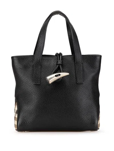 Pre-owned Burberry 2000-2017 House Check Trimmed Leather Handbag In Black