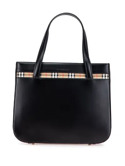 Pre-owned Burberry 2000-2017 House Check Trimmed Leather Handbag In Black