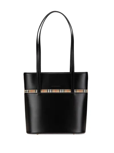 Pre-owned Burberry 2000-2017 House Check Trimmed Leather Shoulder Bag In Black