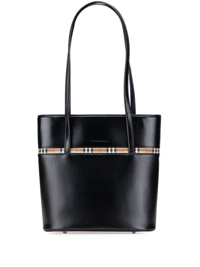 Pre-owned Burberry 2000-2017 House Check Trimmed Leather Shoulder Bag In Black