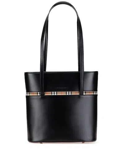 Pre-owned Burberry 2000-2017 House Check Trimmed Leather Shoulder Bag In Black