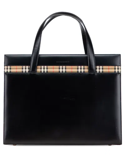 Pre-owned Burberry 2000-2017 House Check Trimmed Leather Tote Bag In Black
