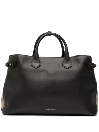 Pre-owned Burberry 2000-2017 Large Leather And House Check Banner Satchel In Black