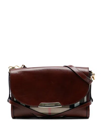 Pre-owned Burberry 2000-2017 Leather And House Check Canvas Bridle Abbott Crossbody Bag In Brown