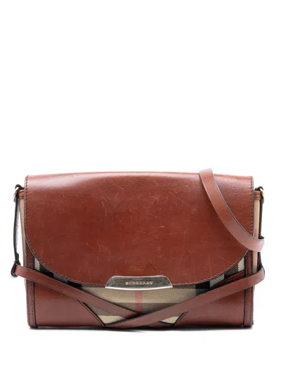 Pre-owned Burberry 2000-2017 Leather And House Check Canvas Bridle Abbott Crossbody Bag In Brown