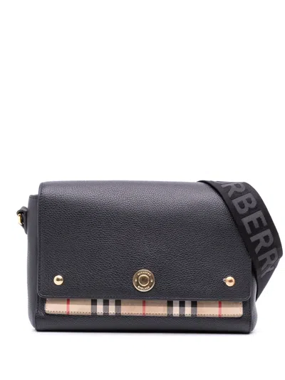 Pre-owned Burberry 2000-2017 Leather And House Check Canvas Note Crossbody Bag In Black