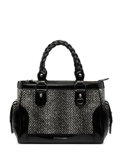 Pre-owned Burberry 2000-2017 Leather Trimmed Wool Cargo Handbag In Black