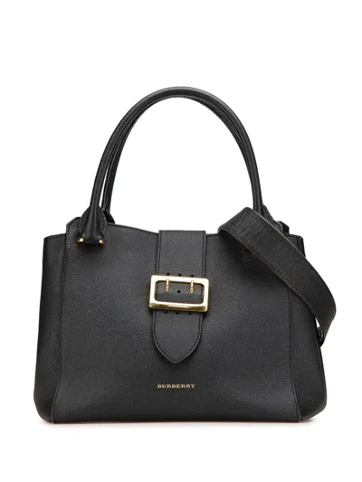 Pre-owned Burberry 2000-2017 Medium Grained Calfskin Buckle Tote Satchel In Black