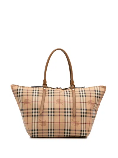 Pre-owned Burberry 2000-2017 Medium Haymarket Check Coated Canvas Salisbury Tote Bag In Brown