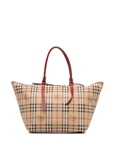 Pre-owned Burberry 2000-2017 Medium Haymarket Check Coated Canvas Salisbury Tote Bag In Brown