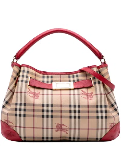 Pre-owned Burberry 2000-2017 Medium Haymarket Check Coated Canvas Willenmore Hobo Satchel In Brown