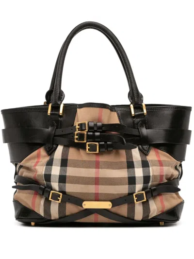 Pre-owned Burberry 2000-2017 Medium House Check Canvas And Leather Bridle Lynher Tote Bag In Brown